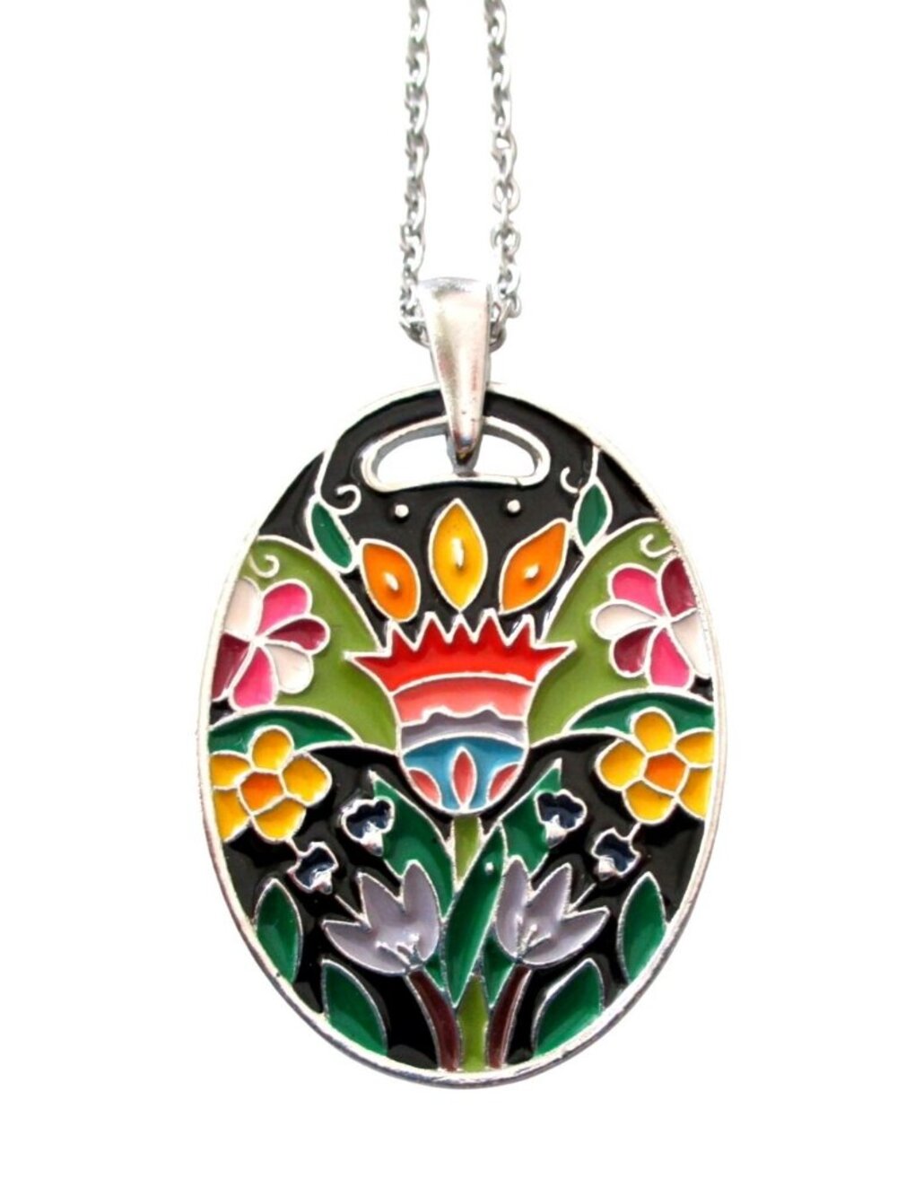 New Floral Enamel Oval Pendant Necklace on 20" Stainless Festive Jewelry Gift